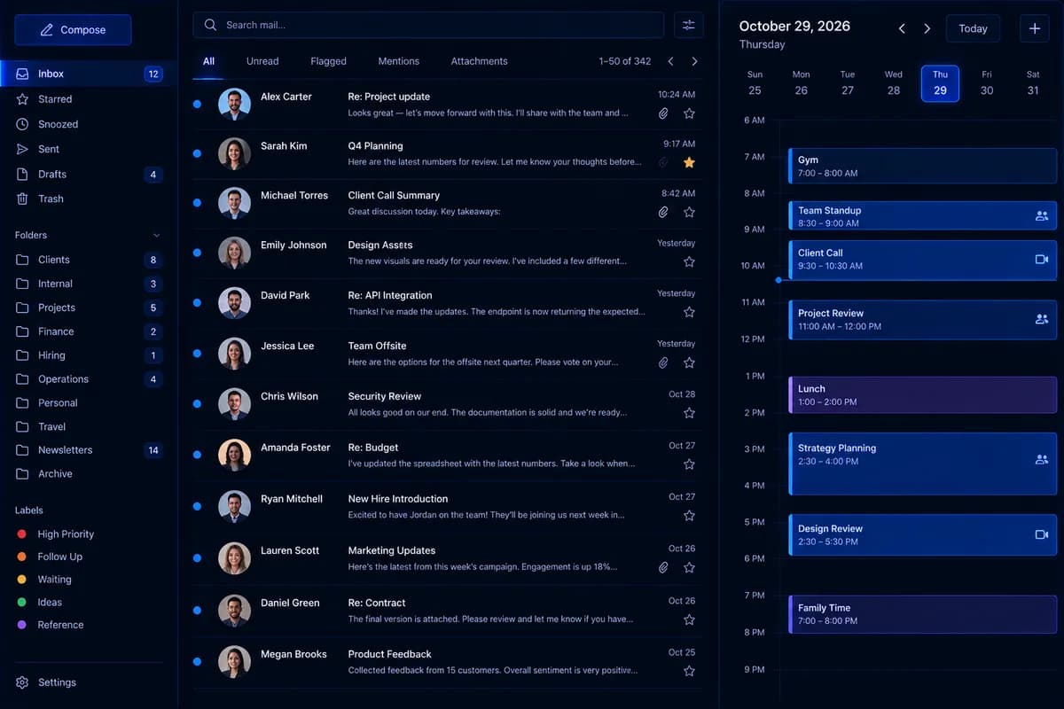 Communications inbox and calendar screen
